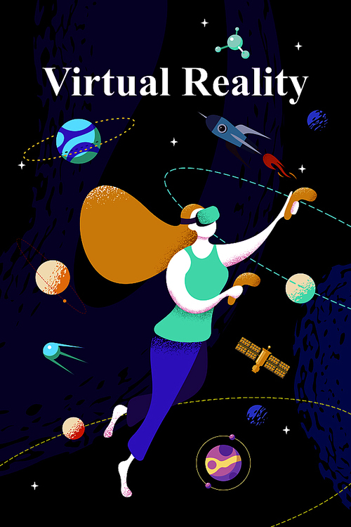 Virtual Reality concept with a girl interacting with imaginary universe through VR glasses. Vector illustration.