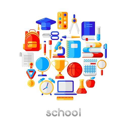 School background with education icons and symbols. Illustration in trendy flat style.