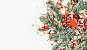 Christmas decor with fir branches on white background, top view with copy space for your design or greeting