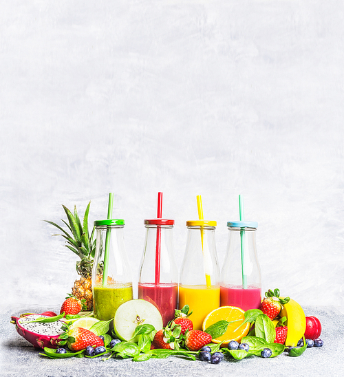 smoothies  assortment  with fresh ingredients for mixing  on light wooden background, side view. superfoods and health or detox   food concept.