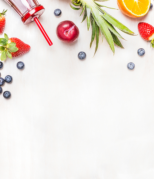 smoothie ingredients on white wooden background, top view, border. superfoods and health or detox   food concept.