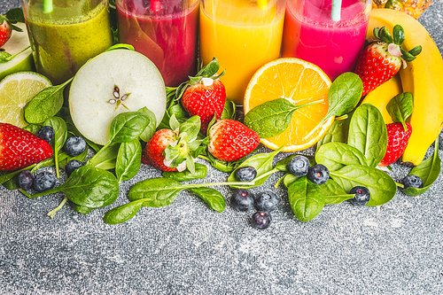 variety of fresh organic ingredients for colorful smoothies or juice making. healthy,  or detox beverage concept