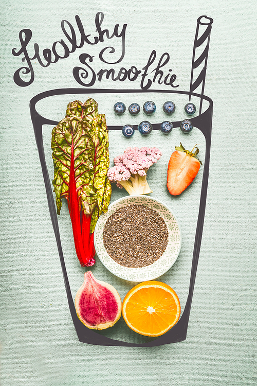 Painted glass with smoothie or detox drink ingredients: Chia seeds, orange, pink broccoli,strawberries, blueberries and red chard or kale leaves, top view