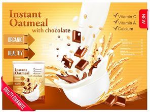 Instant porridge advert concept. Milk flowing into a bowl with grain and chocolate. Vector.