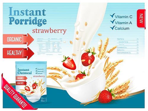 Instant porridge advert concept. Milk flowing into a bowl with grain and strawberry. Vector.