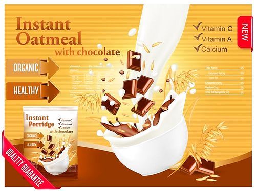 Instant oatmeal with chocolate advert concept. Milk flowing into a bowl with grain and chocolate. Vector.