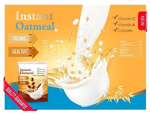 Instant oatmeal advert concept. Milk flowing into a bowl with oat grain. Vector.