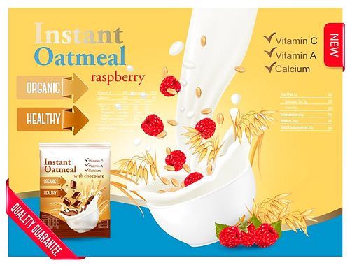Instant oatmeal with raspberry advert concept. Milk flowing into a bowl with grain. Vector.