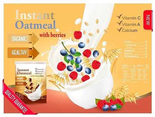 Instant oatmeal with raspberry and blueberry advert concept. Milk flowing into a bowl with grain and berries. Vector.
