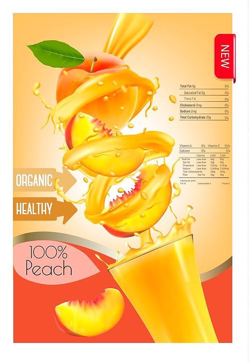 Label of peach juice splash in a glass. Desing template. Vector.