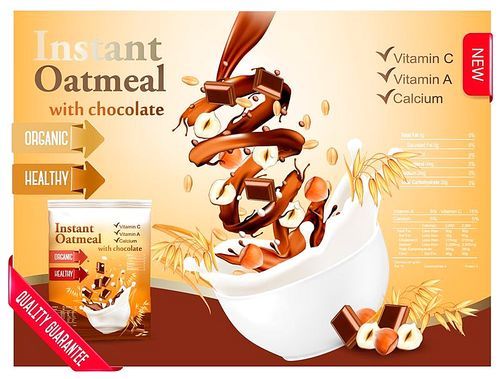 Instant oatmeal with chocolate and hazelnut advert concept. Milk flowing into a bowl with grain and nuts. Vector.