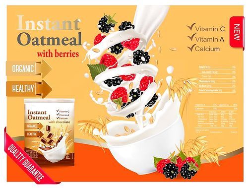 Instant oatmeal with raspberry and blackberry advert concept. Milk flowing into a bowl with grain and berries. Vector.
