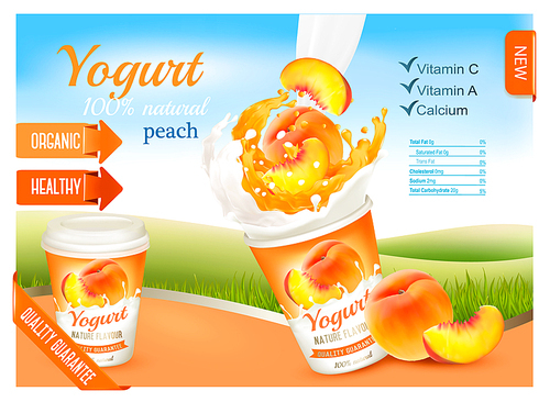 Fruit yogurt with peach advert concept. Yogurt flowing into a plastic cup with fresh peach. Design template. Vector.