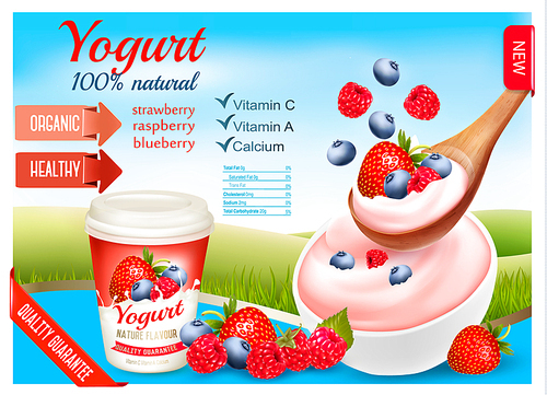 Fruit yogurt with berries advert concept. Yogurt flowing into cup with fresh berries. Design template. Vector.