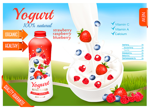 Yogurt with berries in bottle. Fruits and milk splashes. Design template. Vector