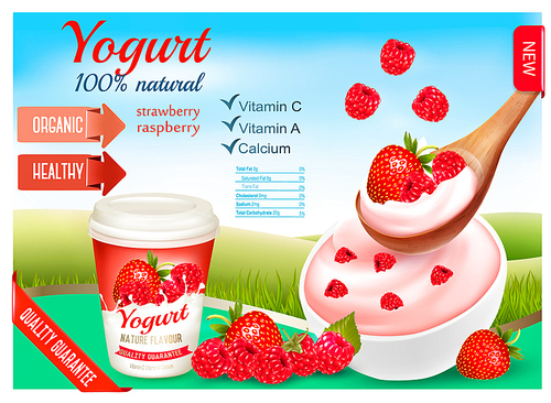 Fruit yogurt with berries advert concept. Yogurt flowing into cup with fresh stawberry and raspberry. Vector.