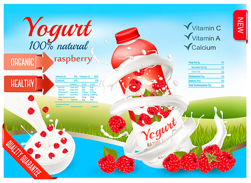 Fruit yogurt with berries advert concept. White yogurt with fresh raspberry in plastic bottle. Design template. Vector.