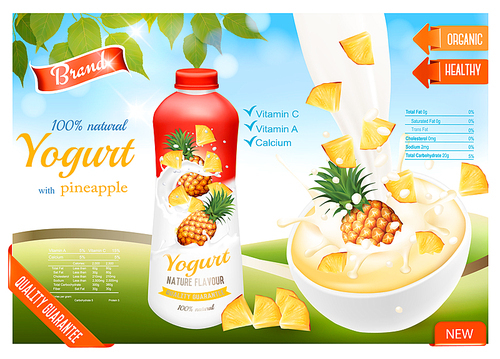 Yogurt with fruit advert concept. Yogurt flowing into  cup with fresh pineapple. Design template. Vector.