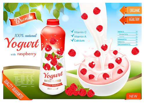 Fruit yogurt with berries advert concept. Yogurt flowing into a cup with fresh raspberry. Design template. Vector.