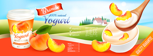 Fruit yogurt with peach advert concept. Yogurt flowing into a cup with fresh peach. Design template. Vector.