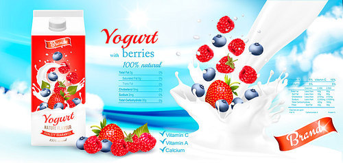 White yogurt with fresh berries in box. Advertisment design template. Vector