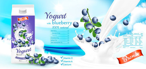 Fruit yogurt with berries advert concept. Yogurt flowing into a cup with fresh blueberry. Design template. Vector.