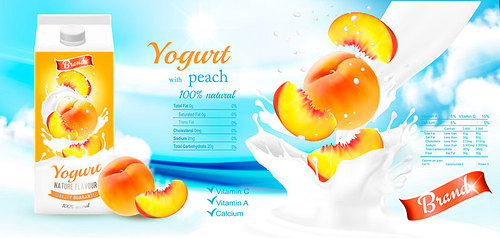 Fruit yogurt with berries advert concept. Yogurt flowing into a cup with peach. Design template. Vector.