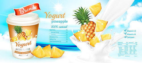 White yogurt with fresh pineapple. Advertisment design template. Vector