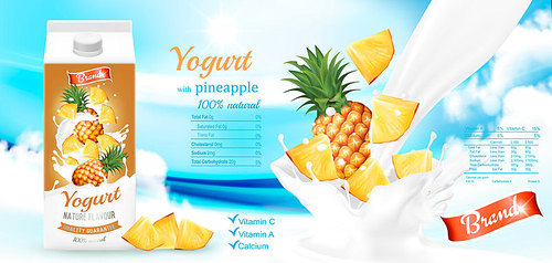 White yogurt with fresh pineapple in box. Advertisment design template. Vector