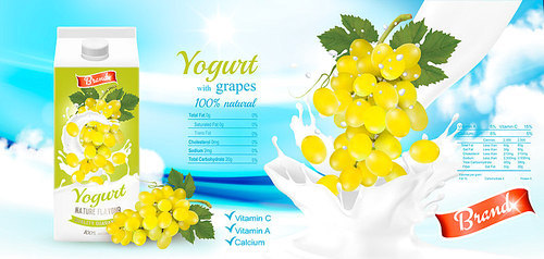 White yogurt with fresh grapes in box. Advertisment design template. Vector