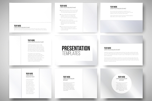 Set of 9 vector templates for presentation slides. Gray background vector illustration.