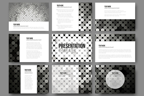 Set of 9 vector templates for presentation slides. Abstract silver dots vector background.
