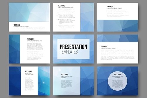 Set of 9 vector templates for presentation slides. Abstract triangle design vector background.