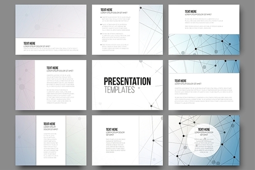 Set of 9 vector templates for presentation slides. Blue vector background with molecule structure