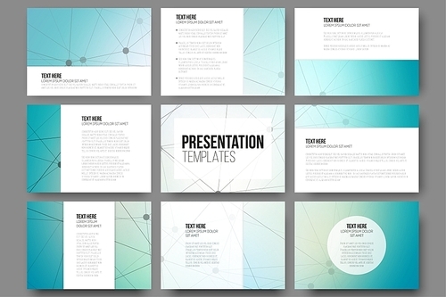 Set of 9 vector templates for presentation slides. Blue vector background with molecule structure