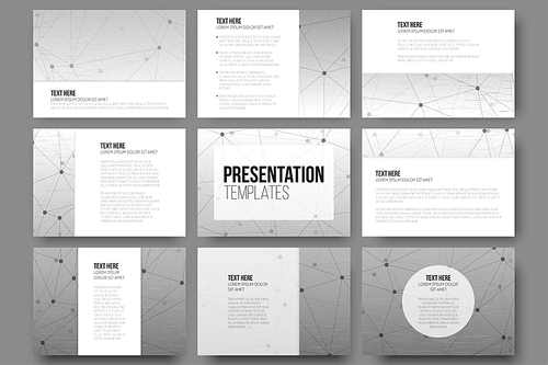 Set of 9 vector templates for presentation slides. Gray vector background with molecule structure