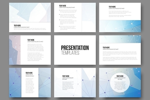 Set of 9 vector templates for presentation slides. Abstract colored background, triangle design vector illustration.