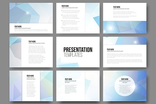 Set of 9 vector templates for presentation slides. Abstract triangle design vector background.