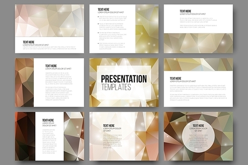 Set of 9 templates for presentation slides. Brown abstract backgrounds. Triangle design vectors.