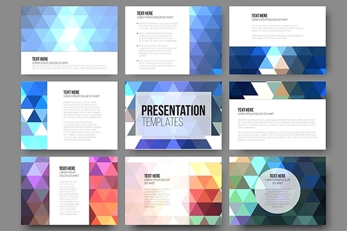 Set of 9 templates for presentation slides. Abstract vibrant backgrounds. Triangle design vectors.