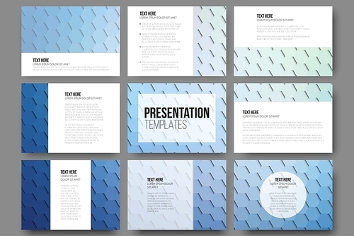 Set of 9 templates for presentation slides. Geometric blue backgrounds, abstract hexagonal vector patterns.