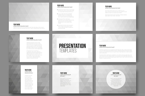 Set of 9 templates for presentation slides. Abstract gray backgrounds. Triangle design vectors.