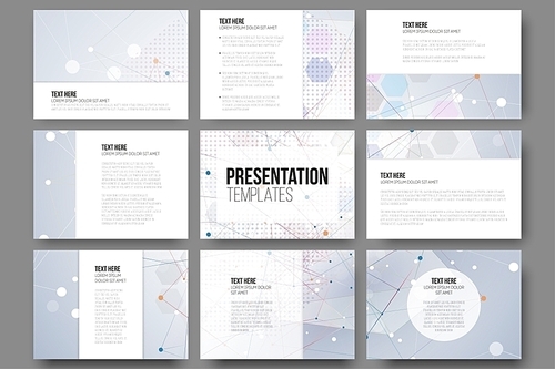 Set of 9 templates for presentation slides. Molecule structure, blue backgrounds, scientific or medical vector backdrops.