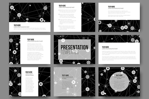 Set of 9 templates for presentation slides. Molecule structure, black science backgrounds for communication, vector illustration