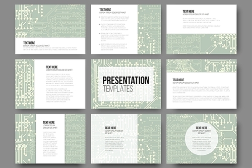 Set of 9 templates for presentation slides. Microchip backgrounds, electrical circuits backdrops. Business patterns, science vector design.