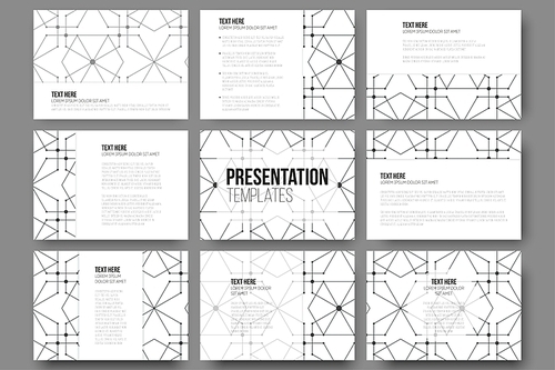 Set of 9 templates for presentation slides. Modern stylish geometric backgrounds with hexagons and nodes. Simple abstract monochrome vector texture.