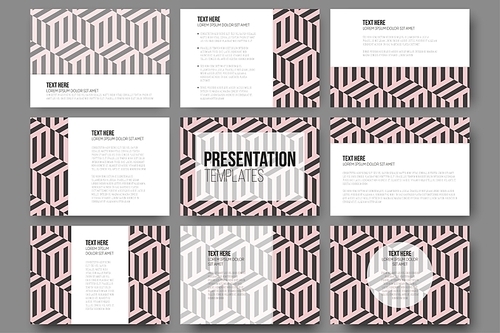 Set of 9 templates for presentation slides. Modern stylish geometric backgrounds with cubes. Simple abstract monochrome vector texture.