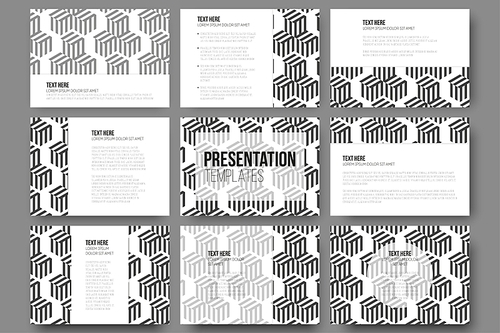Set of 9 templates for presentation slides. Modern stylish geometric backgrounds with cubes. Simple abstract monochrome vector texture.