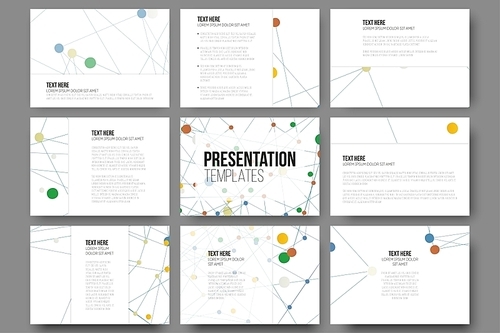Set of 9 templates for presentation slides. Molecule structure, white science backgrounds for communication, vector illustration