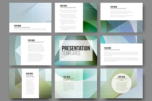 Set of 9 templates for presentation slides. Minimalistic geometric blurred vector backgrounds.